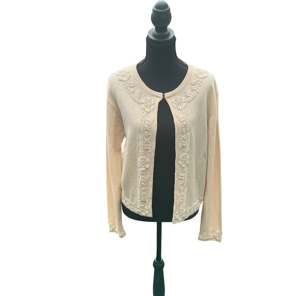CW RARE Vintage Cream‎ Lambswool Beaded Pearl Floral Cardigan Sweater Large